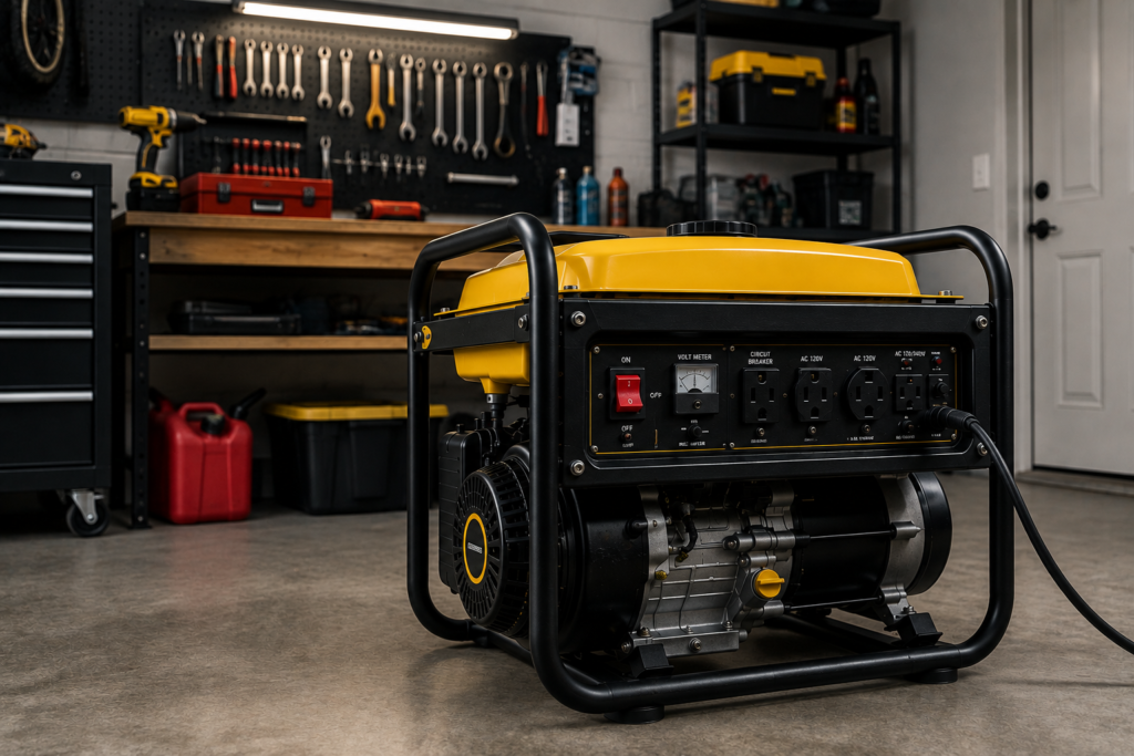 Portable generator in a residential garage workshop
