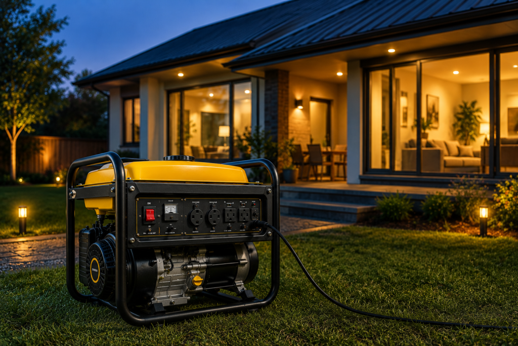 Portable generator powering a modern home during an evening power outage