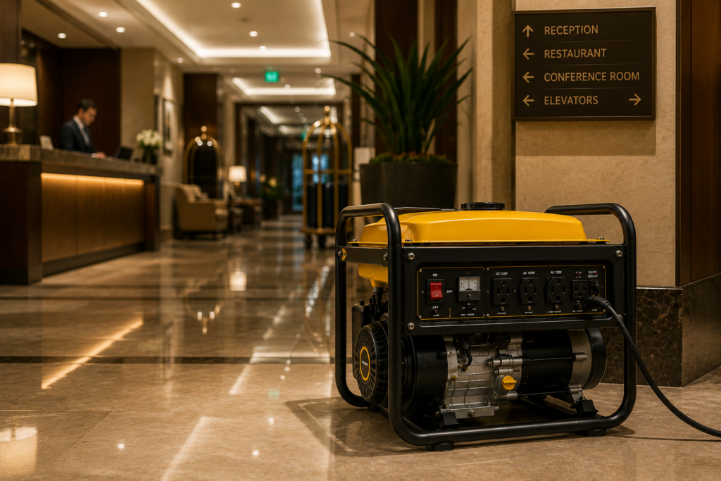 Portable generator in a hotel lobby providing backup power